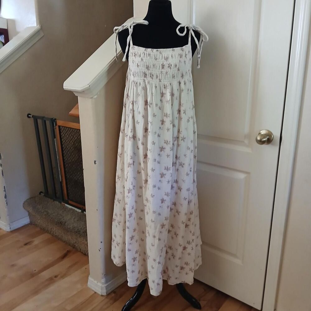 Oli & Hali Cream 100% Cotton Gauze All Over Print Floral Maxi Dress L Cottage